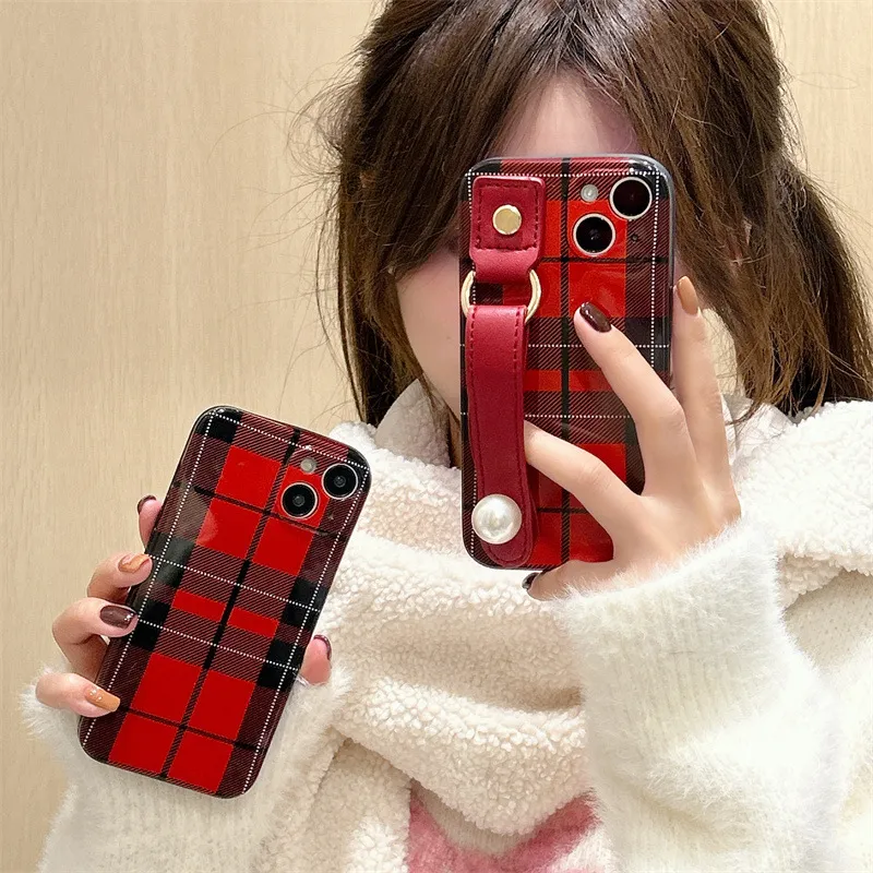 Red Plaid Pearl Wristband Case Cover for iPhone